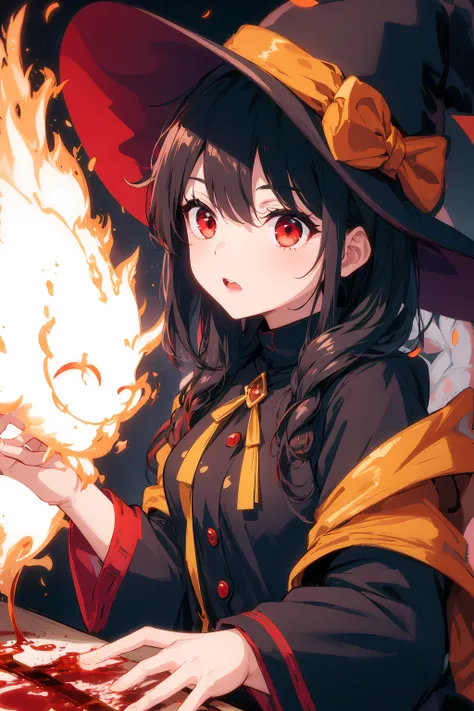 1girl, black hair, red eyes, fire witch, blood, light particles, light rays, wallpaper, high contrast, colorful,