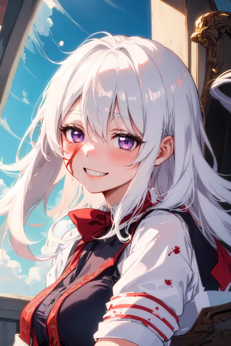 1girl, (yandere:1.4), (empty eyes), crazy, blood on face, backlighting, looking at viewer, white hair, purple eyes, blush, smile, yandere simulator,
