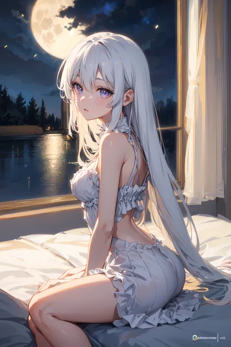 highres, highest quallity, illustration, cinematic light, ultra detailed, detailed face, (detailed eyes), best quality, hyper detailed, masterpiece, (detailed face),1girl, girl, white hair, purple eyes, highest details, luminous eyes, medium breats, sitting in bed, sitting, bed, window, night sky, lake outside, moon, full moon, backlighting, light rays, (high contrast), (colorful),