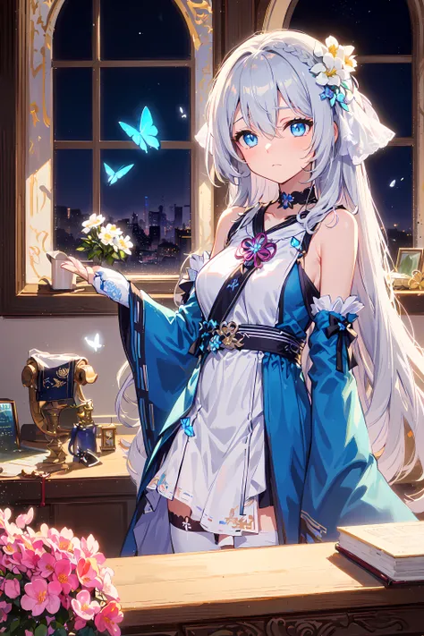 (Overhead view),dynamic angle,ultra-detailed, illustration, close-up, straight on, 1girl, (fantasy:1.4), (azure blue eyes:1.233),Her eyes shone like dreamy stars,(glowing eyes:1.233),(beautiful and detailed eyes:1.1),(Silver hair:1.14),(messy hair,very long hair,french braid,hair between eyes,sidelocks), (+(bule hair flower:1.14)),(chiffon dress,bule flower pattern in uniform)/=(military uniform:1.24),(detached sleeves,wide sleeves),(fingerless gloves),choker,(miko thighhighs),High heeled boots,(expressionless,closed mouth),(standing), (classical Princess boudoir with dressing table<books> and french window<a epic view outside the window> in a white ancient palaces),(white flowers,bloom),(abysmal sea),(flowing water),(a dull blue world tree:1.14),(ruins),(night:1.2),dreamy,soul,(fluorescence),(flying translucent blue butterflies:1.15), [[delicate fingers and hands:0.55]::0.85],(detail fingers),(yubao:0.5),
