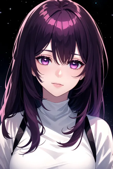 (masterpiece, best quality), ((1girl, (mature)), (dark magenta hair, long hair, straight hair, beautiful hair), (magenta eyes, starry eyes, beautiful eyes, eye highlights, sharp eyes)), (simplier background, dark background), (highres, ultra realistic 8k cg, chromatic aberration),