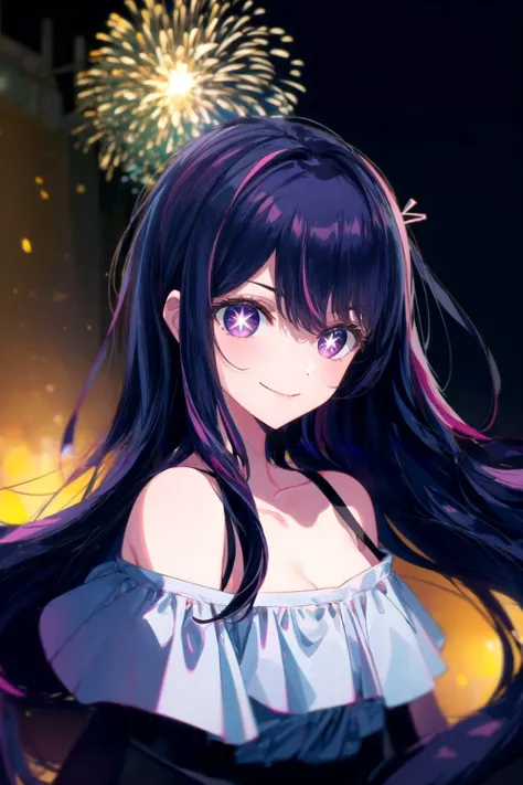 (masterpiece, best quality), ((1girl, (mature), Hoshino Ai, <lora:HoshinoAi_v9:1>), (purple hair, long hair, streaked hair, beautiful hair, hair ornament), (purple eyes, star-shaped pupils, +_+, symbol-shaped_pupils, sparkling_eyes, beautiful eyes, eye highlights, sharp eyes), (looking at the viewer, slight smile, off shoulder)), (simplier background, dark background, fireworks), (highres, chromatic aberration), (<lora:yike:0.7>, <lora:add_detail:1>),