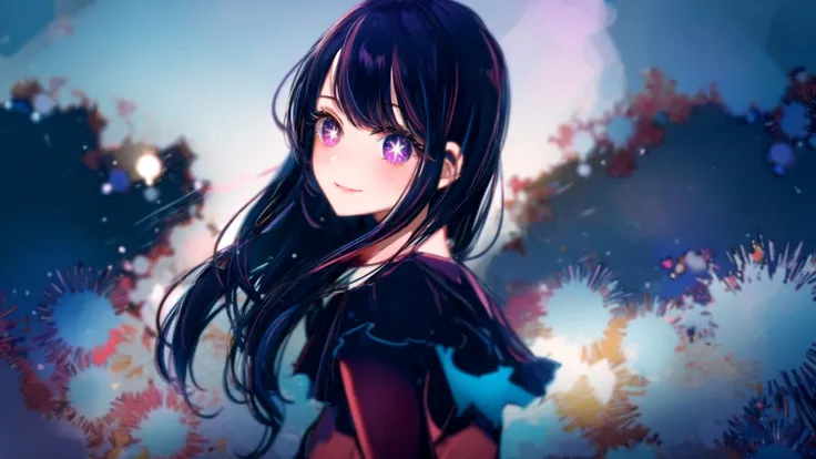 (masterpiece, best quality), ((1girl, (mature), Hoshino Ai, <lora:HoshinoAi_v9:1>), (dark purple hair, long hair, streaked hair, beautiful hair, hair ornament), (purple eyes, star-shaped pupils, +_+, symbol-shaped_pupils, sparkling_eyes, beautiful eyes, eye highlights, sharp eyes), (looking at the viewer, smile, off shoulder)), (simplier background, dark background, fireworks), (highres, chromatic aberration), (<lora:yike:0.7>, <lora:add_detail:1>),