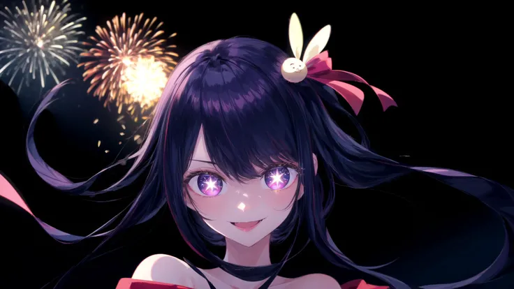 (masterpiece, best quality), ((1girl, (mature), Hoshino Ai, <lora:HoshinoAi_v9:1>), (dark purple hair, long hair, streaked hair, beautiful hair, hair ornament), (purple eyes, star-shaped pupils, +_+, symbol-shaped_pupils, sparkling_eyes, beautiful eyes, eye highlights, sharp eyes), (looking at the viewer, smile, off shoulder)), (simplier background, dark background, fireworks), (abstract art, highres, chromatic aberration), (<lora:yike:0.7>, <lora:add_detail:1>),