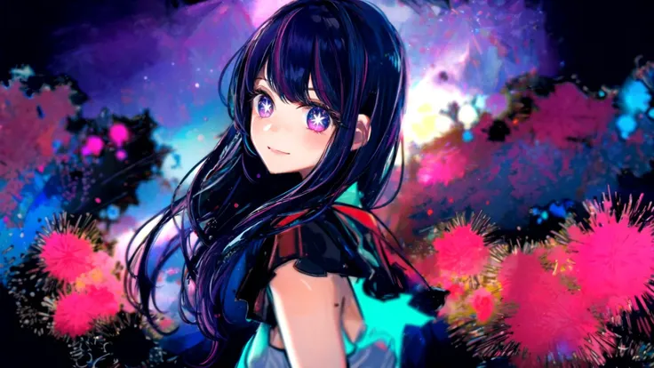 (masterpiece, best quality), ((1girl, (mature), Hoshino Ai, <lora:HoshinoAi_v9:1>), (purple hair, long hair, streaked hair, beautiful hair, hair ornament), (purple eyes, star-shaped pupils, +_+, symbol-shaped_pupils, sparkling_eyes, beautiful eyes, eye highlights, sharp eyes), (bare arms), (looking at the viewer, smile, off shoulder)), (simplier background, dark background, fireworks), (highres, chromatic aberration), (<lora:yike:0.7>, <lora:add_detail:1>),