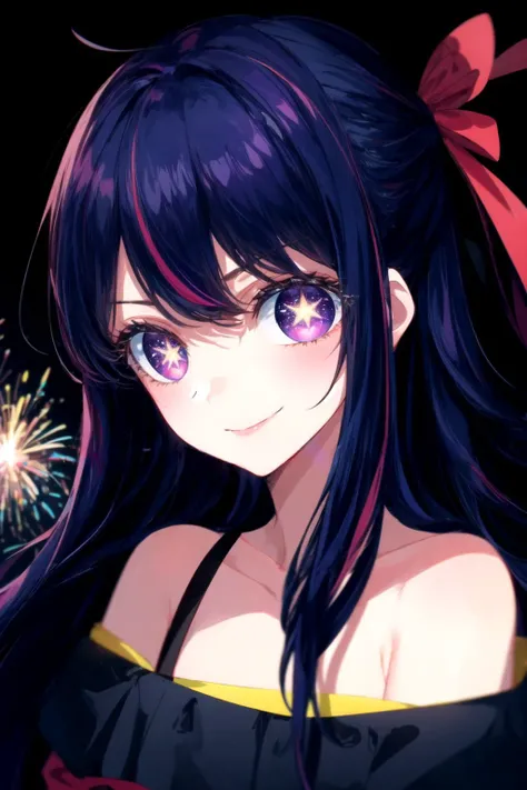 (masterpiece, best quality), ((1girl, (mature), Hoshino Ai, <lora:HoshinoAi_v9:1>), (purple hair, long hair, streaked hair, beautiful hair, hair ornament), (purple eyes, star-shaped pupils, +_+, symbol-shaped_pupils, sparkling_eyes, beautiful eyes, eye highlights, sharp eyes), (looking at the viewer, smile, off shoulder)), (simplier background, dark background, fireworks), (highres, chromatic aberration), (<lora:yike:0.7>, <lora:add_detail:1>),