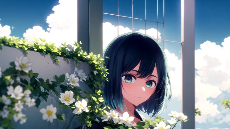 (masterpiece, best quality), ((1girl, (mature), Akane, <lora:akane:1>), (blue hair, beautiful hair, hair ornament), (lime blue eyes, beautiful eyes, eye highlights, sharp eyes), (looking at the viewer, holding white flowers)), ((sky, clouds), fence), (highres, chromatic aberration), (<lora:yike:0.7>, <lora:add_detail:1>),