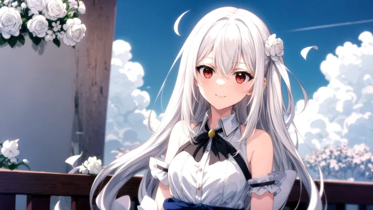 (masterpiece, best quality), ((1girl, (mature), Ninym Ralei, <lora:Ninym Ralei:0.4>), (white hair, beautiful hair), (red eyes, beautiful eyes, eye highlights, sharp eyes), (looking at the viewer, white flowers)), ((sky, clouds), fence), (highres, chromatic aberration), (<lora:yike:0.7>, <lora:add_detail:1>),