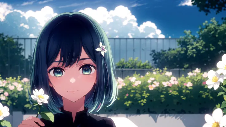 (masterpiece, best quality), ((1girl, (mature), Akane, <lora:akane:1>), (blue hair, beautiful hair, hair ornament), (lime blue eyes, beautiful eyes, eye highlights, sharp eyes), (looking at the viewer, holding white flowers)), ((sky, clouds), fence), (highres, chromatic aberration), (<lora:yike:0.7>, <lora:add_detail:1>),