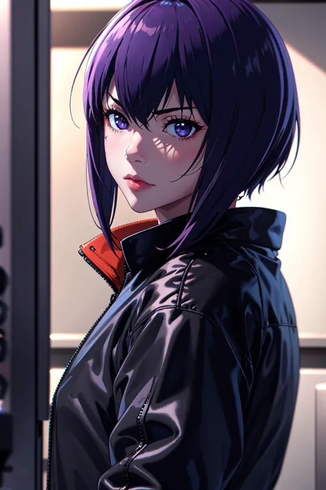 absurdres, best quality, 1girl, solo, looking at viewer, eye focus, <lyco:GoodHands-beta2:1.0>, <lora:motoko_kusanagi2045:0.6>, motoko_kusanagi, black jacket