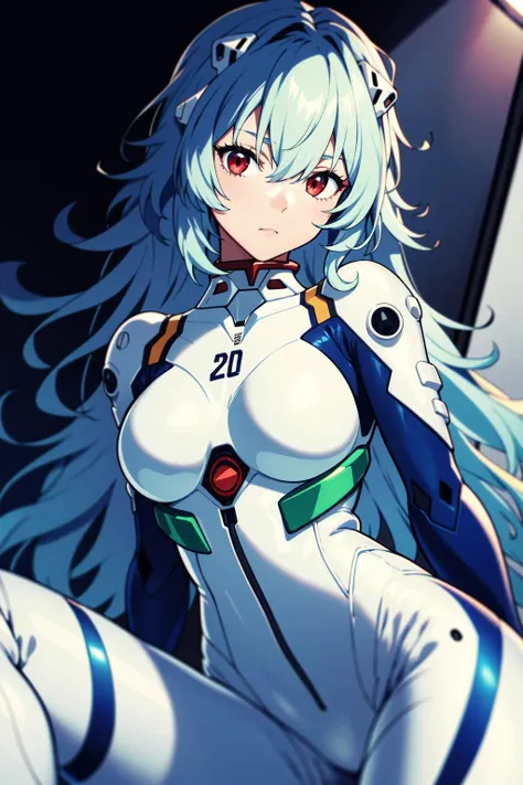 absurdres, best quality, 1girl, solo, looking at viewer, eye focus, <lyco:GoodHands-beta2:1.0>, <lora:rei_evangelion:0.5>, rei_evangelion, light blue hair, red eyes, long hair, absurdly long hair, kinky hair, curly hair, plugsuit, pilot suit, interface headset, white bodysuit, white pilot suit, white plugsuit, (messy hair:1), (expressionless:1)