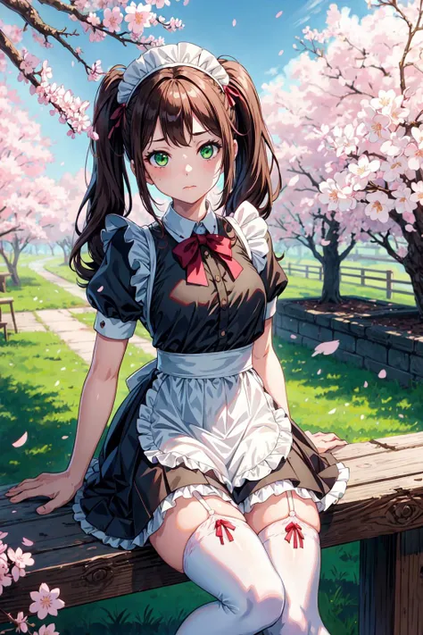 1girl, maid, brown twintails, green eyes,cherry blossoms, sunbeam,(white thighhighs,:1.1) <lora:add_detail:0.6>