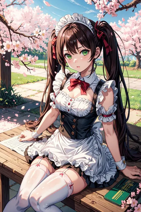 1girl, maid, brown twintails, green eyes,cherry blossoms, sunbeam,(white thighhighs,:1.1) <lora:add_detail:0.6>