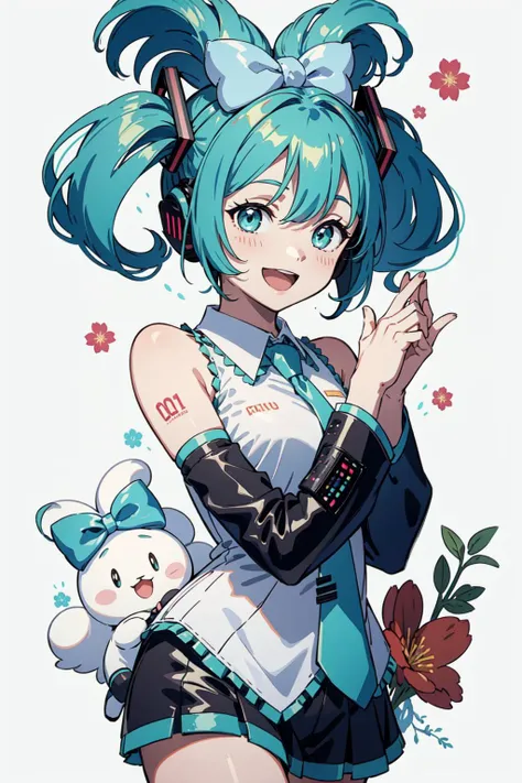 <lora:hatsunemiku1:0.8>, cinnamiku, short hair, upper body, smile, blush, :D, posing, full body, floral background