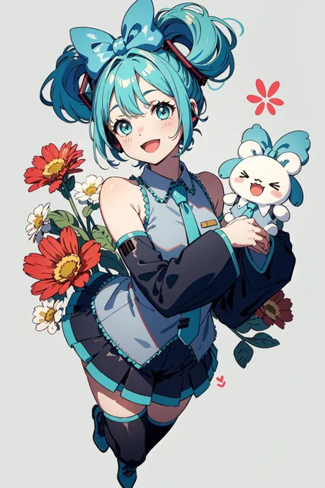 <lora:hatsunemiku1:0.8>, cinnamiku, short hair, upper body, smile, blush, :D, posing, full body, floral background