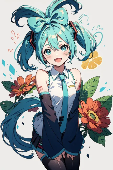 <lora:hatsunemiku1:0.8>, cinnamiku, short hair, upper body, smile, blush, :D, posing, full body, floral background