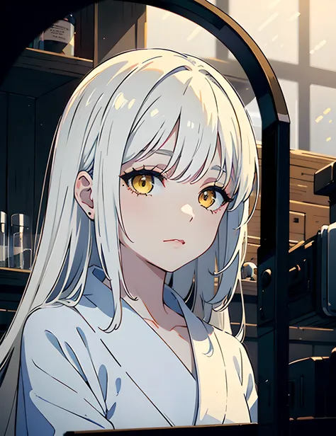 (Masterpiece:1.3), (work of art:1.2),(eye details:1.4), a girl with straight eyes, long white hair, wearing a white bathrobe in the lab, on a white surface, with the yellowish lights highlighting the soft, pale face.