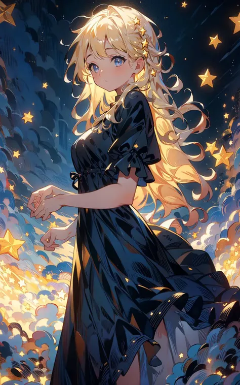 <lora:starlight:1>, star,starlight,masterpiece,best quality,HDR.UHD.4K,8K,64K,Highly detailed,ultra-finepainting,extreme detail description,Professional, 1girl, volumetric light, 1 girl, blonde hair,medium breast, long hair, best quality, illustration, beautiful detailed eyes, pose, black dress, starry sky, from below,