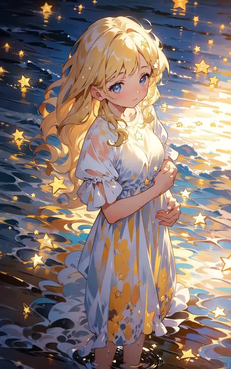 <lora:starlight:1>, star,starlight,masterpiece,best quality,HDR.UHD.4K,8K,64K,Highly detailed,ultra-finepainting,extreme detail description,Professional, 1girl, volumetric light, 1 girl, blonde hair,medium breast, long hair, best quality, illustration, beautiful detailed eyes, pose, wet white dress, star on holding hands,