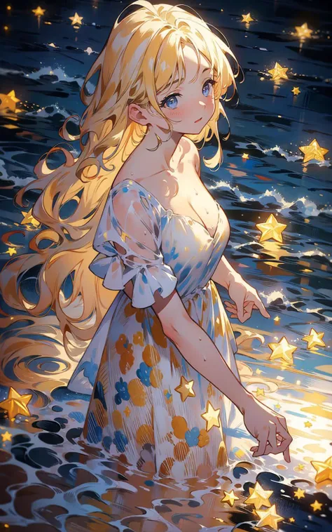 <lora:starlight:1>, star,starlight,masterpiece,best quality,HDR.UHD.4K,8K,64K,Highly detailed,ultra-finepainting,extreme detail description,Professional, 1girl, volumetric light, 1 girl, blonde hair,medium breast, long hair, best quality, illustration, beautiful detailed eyes, pose, wet white dress, starry sky,