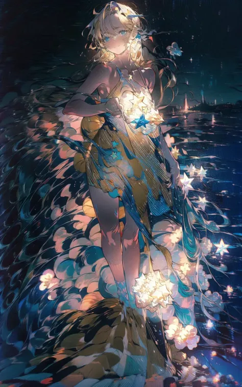 <lora:starlight:1>, <lora:fansty world_20230601105102:0.5>, star,starlight,masterpiece,best quality,HDR.UHD.4K,8K,64K,Highly detailed,ultra-finepainting,extreme detail description,Professional, 1girl, volumetric light, 1 girl, blonde hair,medium breast, long hair, best quality, illustration, beautiful detailed eyes, pose, black dress, starry sky, standing, from below, <lora:Volumetric Lighting_20230531200634:1> <lora:add_detail:1>