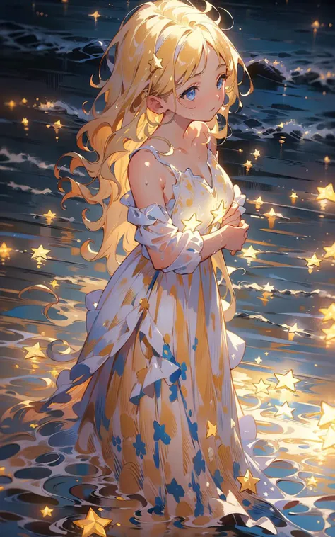 <lora:starlight:1>, star,starlight,masterpiece,best quality,HDR.UHD.4K,8K,64K,Highly detailed,ultra-finepainting,extreme detail description,Professional, 1girl, volumetric light, 1 girl, blonde hair,medium breast, long hair, best quality, illustration, beautiful detailed eyes, pose, wet white dress