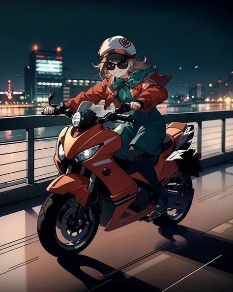 masterpiece, best quality, detailed, high contrast, (motion blur:1.2), (cityscape: 0.8), (tokyo: 0.8), high way, 1girl, full body, smile, hat, sunglasses, jacket, red jacket, green neckerchief, green dress, yhmotorbike, <lora:Regulus:0.8> <lora:yhmotorbikev0.9:0.3>