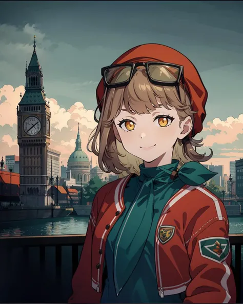masterpiece, best quality, detailed, high contrast, (cityscape: 0.7), (london:0.7), elizabeth tower, 1girl, upper body, light smile, hat, eyewear on head, jacket, red jacket, green neckerchief,green dress, <lora:Regulus:0.8>