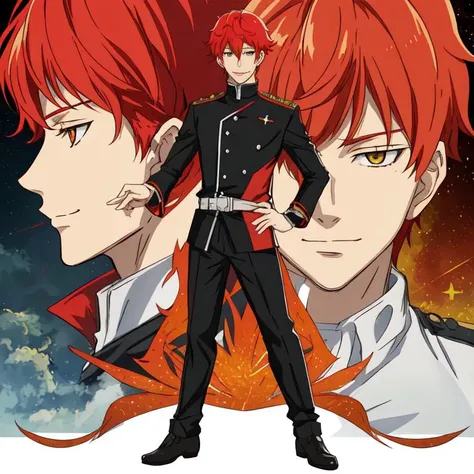 1boy, Kircheis, guy, red_hair, short_hair, solo, <lora:Kircheis:0.8> , full body shot, uniform, (masterpiece:1.2), (high quality:1.2), movie poster, defined face, smile