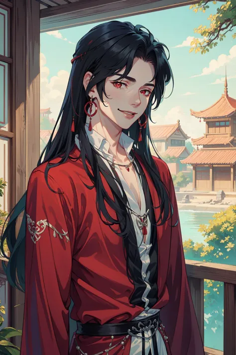 (Masterpiece:1.4), (best quality:1.2), <lora:Hua_Chang-000017:1>, hua cheng, 1boy, male focus, chinese clothes, jewelry, long hair, red eyes, looking at viewer, outdoors, smile, upper body