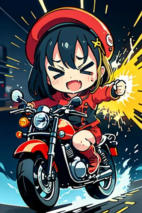 A (speeding) motorcycle the city at high speed,(slow motion:1.3),(Motion blur:1.3),(speed lines:1.4),sense of speed,
chibi, (> <:1.2),big laugh,
punching, doyagao,
(Sparks and smoke coming out of tires:1.1),
masterpiece, illustration, best quality, best aethetic,
<lora:t3xtn:0.4> <lora:test2:1><lora:nnchibi:0.5>