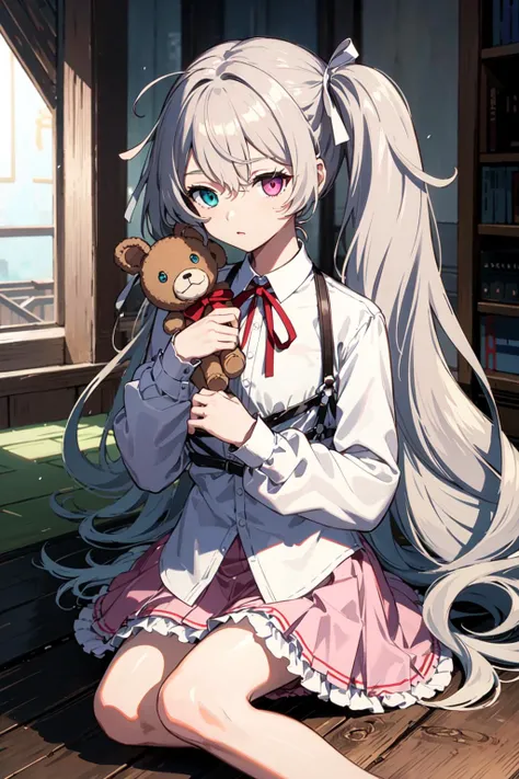 masterpiece, best quality, highres, nigomiku, heterochromia, aqua eyes, pink eyes, white skirt, <lora:hatsune_miku_(project_sekai)_v1:0.9>, sitting, indoors, holding stuffed toy, evening