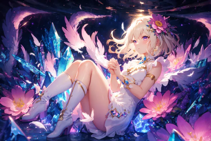 masterpiece, best quality, 1girl, short hair, from side, pink theme, dress, white boots, (night sky, starry sky), phcrystal, flowers, cinematic lighting, own hands clasped, depth of field, feathers
<lora:crystal_v1:0.6>
