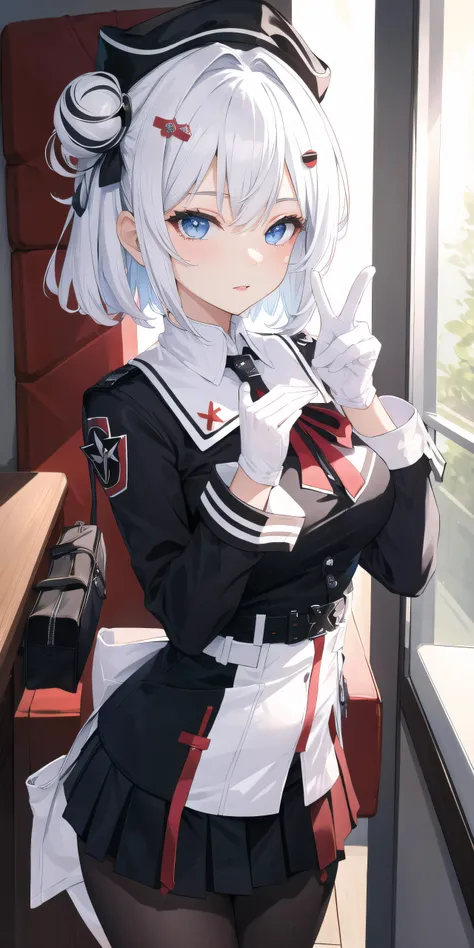 ade\(azur lane\), hair bun,uniform,miniskirt,hat,white_gloves,,looking at viewer,indoors, smile, masterpiece, best quality, extremely detailed face, sharp details, high contrast, V sign <lora:jade_v2.0:0.8> white hair, brown pantyhose
