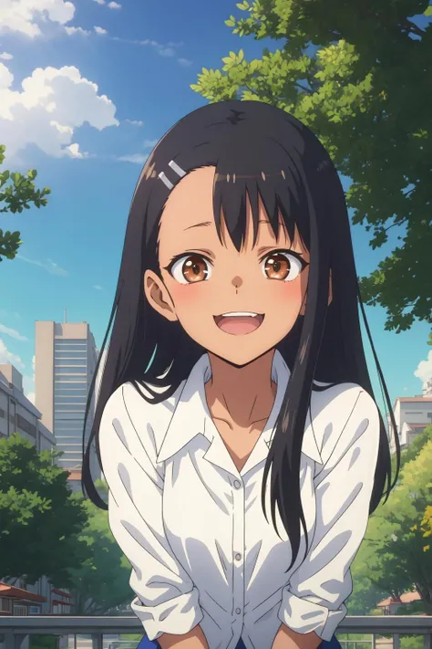 <lora:nagatoro:0.7>, nagatoro hayase, masterpiece, portrait, official art, 1girl, high school girl, summer uniform, black hair, brown eyes, brown skin, happy, leaning on a bridge, park, trees