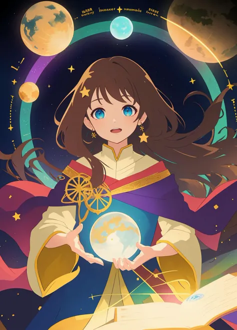 24 years old, 1 Beautiful women, brown hair, long hair, ponaytail, detailed eyes, smile, Astral Librarian, curating a library of celestial knowledge, floating archive, robe adorned with constellations, shelves filled with glowing tomes, floating orbs of light, star charts, celestial globes, cosmic dust swirling in the air, hushed whispers of ancient knowledge, cosmic vistas visible through transparent walls., <lora:add_detail:-1>, <lora:colorify:1>,