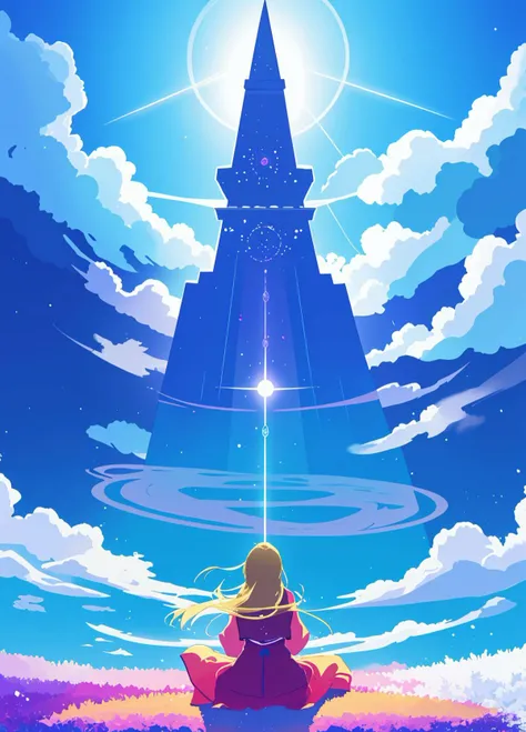 24 years old, 1 Beautiful women, long hair, detailed eyes, grinning like a fool, Ethereal Soundsmith, crafting sounds from the ether, cloud-topped spire, light, flowing garments, instruments of unknown origin, resonant tuning forks, shimmering sound waves, floating crystals that chime when touched, open space filled with echoes, gentle hum of ambient melodies, clouds parting to reveal the sky., <lora:add_detail:-1>, <lora:colorify:1>,