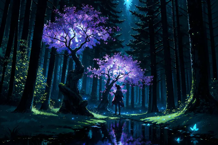 masterpiece, best quality, (artstation:1.2), (photorealistic:1.5), mythical nightscape, dark forest with luminous ambience, fireflies BREAK (far away:1.4) 1girl staying between forests, she a witch, purple magic in hand