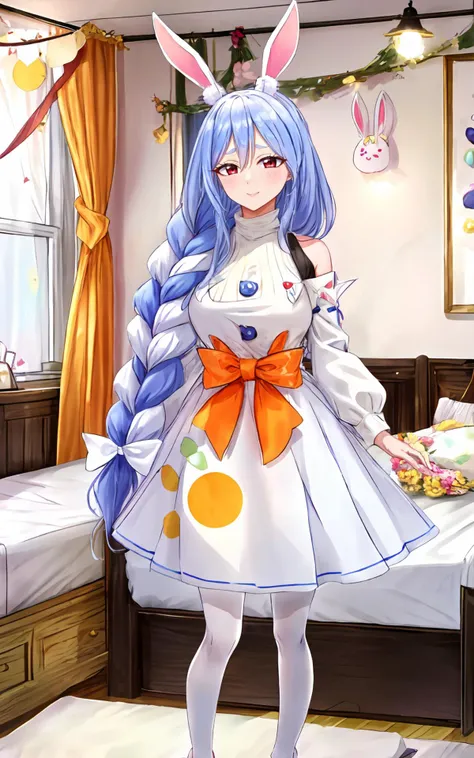 highres,<lora:PekoMamaLora-10:0.7>,1girl,mature female,looking at viewer,squinting,medium breasts,pekomama,bunny girl,bunny ears,animal ear fluff,light blue hair,braid,single braid,bangs,white streaked hair,red eyes,
bare shoulders,black inner turtleneck,white dress,apron,long sleeves,orange bow on waist,buttons,<lora:ããããã:0.7>,bedroom,on bed,no_shoes,on_side,<lora:äºæ¬¡å
å§å®¤åºæ¯_v1.0:0.7>,
