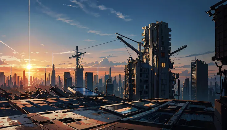 masterpiece, best quality, (artstation:1.2), camera looking from sky, old broken robots everywhere, near city, nature, broken solar panels