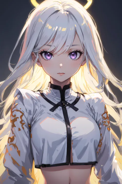 highres, highest quallity, illustration, cinematic light, ultra detailed, detailed face, (detailed eyes), best quality, hyper detailed, masterpiece, (detailed face), white hair, purple eyes, highest details, luminous eyes, (medium breats), black halo, white clothes, backlighting, (midriff:1.4), light rays, (high contrast), (colorful), mature female,