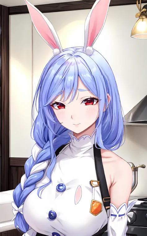 highres,<lora:PekoMamaLora-10:0.7>,1girl,mature female,looking at viewer,big breasts,squinting,pekomama,bunny girl,bunny ears,animal ear fluff,light blue hair,braid,single braid,bangs,white streaked hair,red eyes,
bare shoulders,black inner turtleneck,white dress,apron,long sleeves,orange bow on waist,buttons,<lora:ããããã:0.8>,upper body,kitchen,