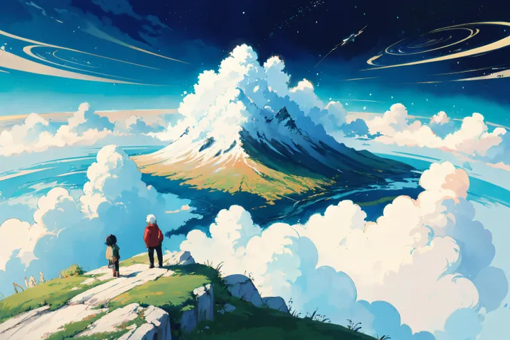 masterpiece, best quality, (artstation:1.2), anime style, altay mountains, hayao miyazaki world, unrealistic sky, many planets