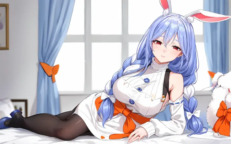 highres,<lora:PekoMamaLora-10:0.7>,1girl,mature female,looking at viewer,squinting,medium breasts,pekomama,bunny girl,bunny ears,animal ear fluff,light blue hair,braid,single braid,bangs,white streaked hair,red eyes,
bare shoulders,black inner turtleneck,white dress,apron,long sleeves,orange bow on waist,buttons,<lora:ããããã:0.7>,bedroom,on bed,no_shoes,on_side,