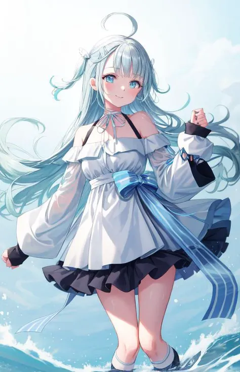 <lora:amatsukaUto-000025>, water drops, wet clothes, ((beautiful detailed water)), ((floating)), dynamic angle, nabi (uz02), bare shoulders, blue footwear, breasts, clothing cutout, detached sleeves, dress, full body, halterneck, kneehighs, layered dress, long sleeves, looking at viewer, off-shoulder dress, off shoulder, puffy long sleeves, puffy sleeves, ribbon, see-through, sleeves past fingers, sleeves past wrists, small breasts, smile, socks, standing, white background, white dress, <lora:add_detail:0.6>