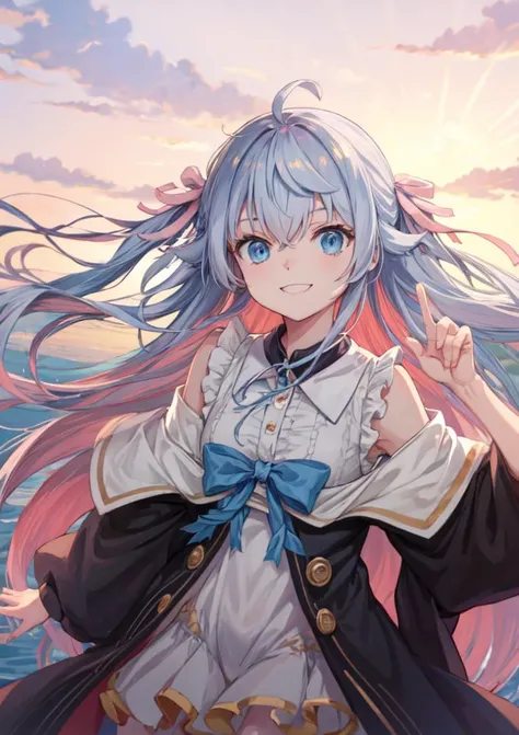 light smile, <lora:kagura_nana-10:1>, kagura nana, nana_second, long hair, two side up, dress, sleeveless, off-shoulder jacket, black jacket, blue bow, arm up, smile, spotlight, outdoors, pink sky, masterpiece, best quality, delicate lightings, <lora:add_detail:0.5>, stage