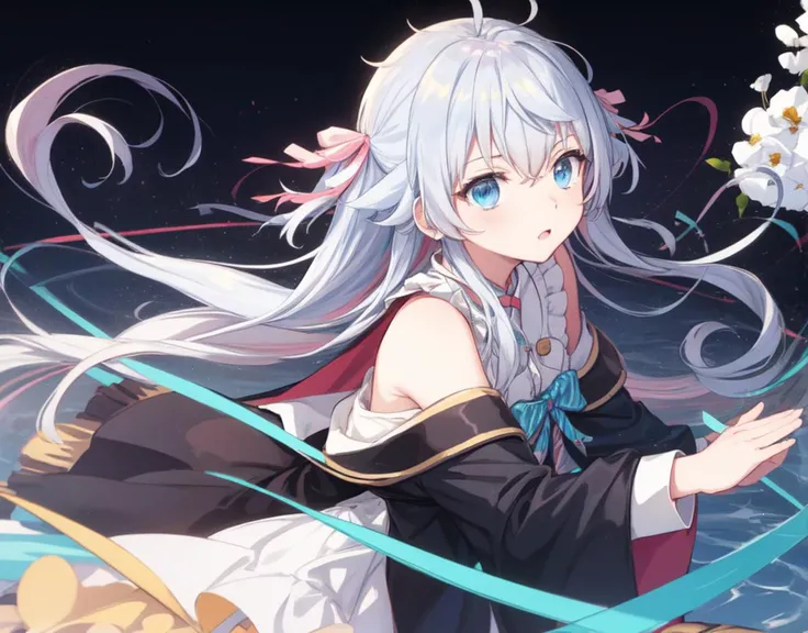<lora:kagura_nana-10:1>, kagura nana, nana_second, long hair, two side up, dress, sleeveless, off-shoulder jacket, black jacket, blue bow, masterpiece, best quality, <lora:add_detail:0.5>, (sunlight),(angel),dynamic angle, floating, wing, floating white silk,(Holy Light),silver stars