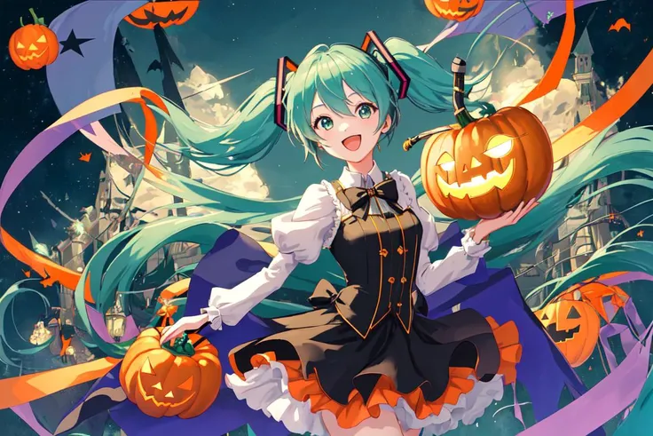 1girl, hatsune miku, ((masterpiece)), halloween, jack o lantern, looking at the viewer, cape, magic wand, wizard, floating, flying, magical girl