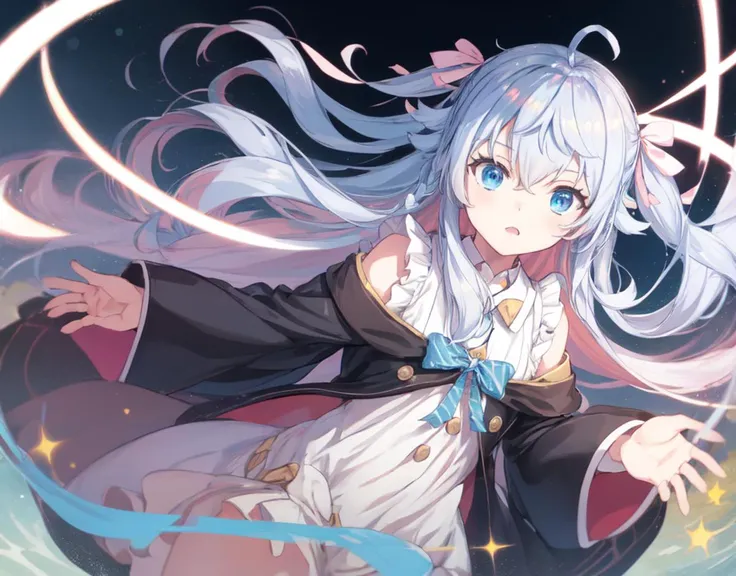 <lora:kagura_nana-10:1>, kagura nana, nana_second, long hair, two side up, dress, sleeveless, off-shoulder jacket, black jacket, blue bow, masterpiece, best quality, <lora:add_detail:0.5>, (sunlight),(angel),dynamic angle, floating, wing, floating white silk,(Holy Light),silver stars