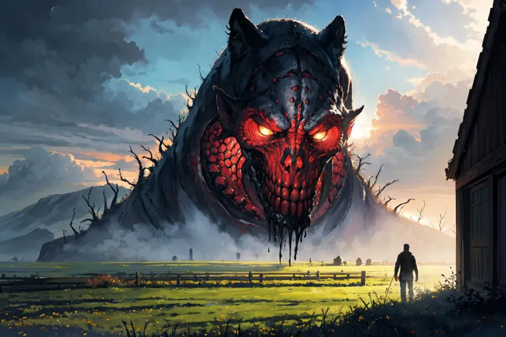 masterpiece, best quality, (artstation:1.2), (photorealistic:1.5), lovecraft tales, fantasy world, BREAK colorfull, BREAK (far away:1.4) red and dark mystery beast in fields near house